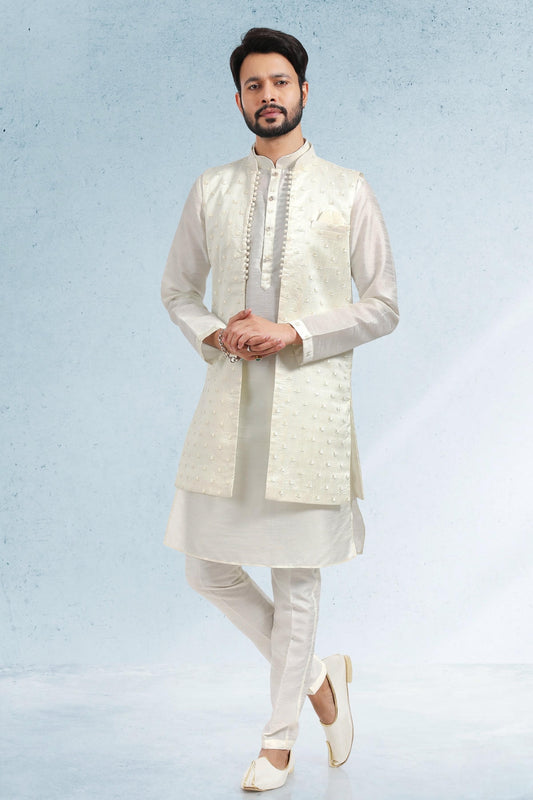 Cream Colour Art Silk Kurta Pajama With Jacket
