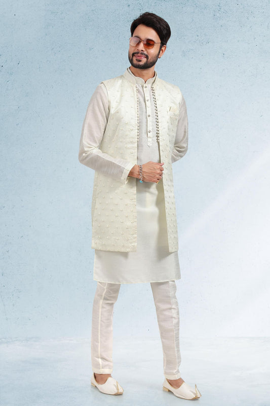 Cream Colour Art Silk Kurta Pajama With Jacket