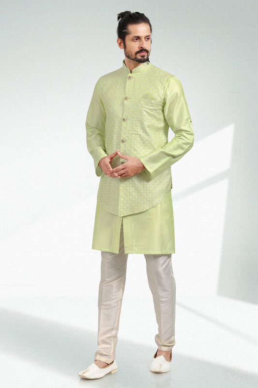 Pista Green Colour Art Silk Kurta Pajama With Jacket