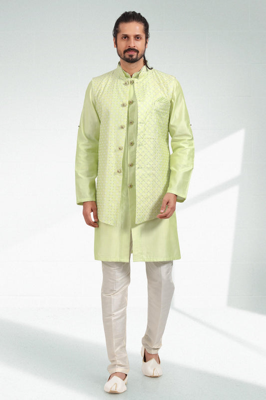 Pista Green Colour Art Silk Kurta Pajama With Jacket