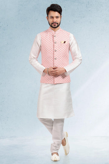 Peach Colour Art Silk Kurta Pajama With Jacket
