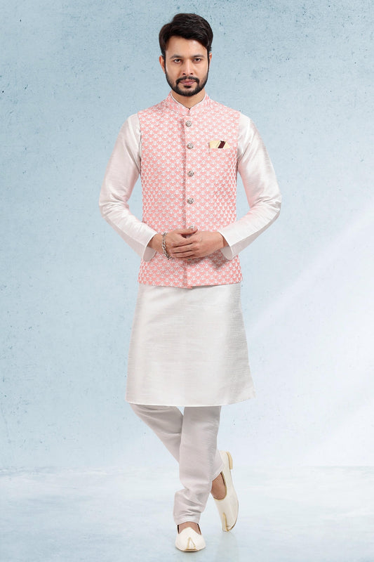 Peach Colour Art Silk Kurta Pajama With Jacket