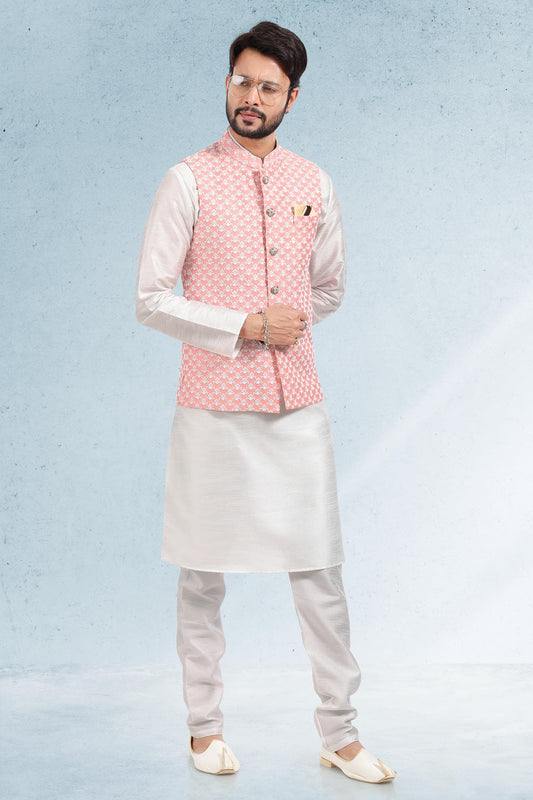 Peach Colour Art Silk Kurta Pajama With Jacket