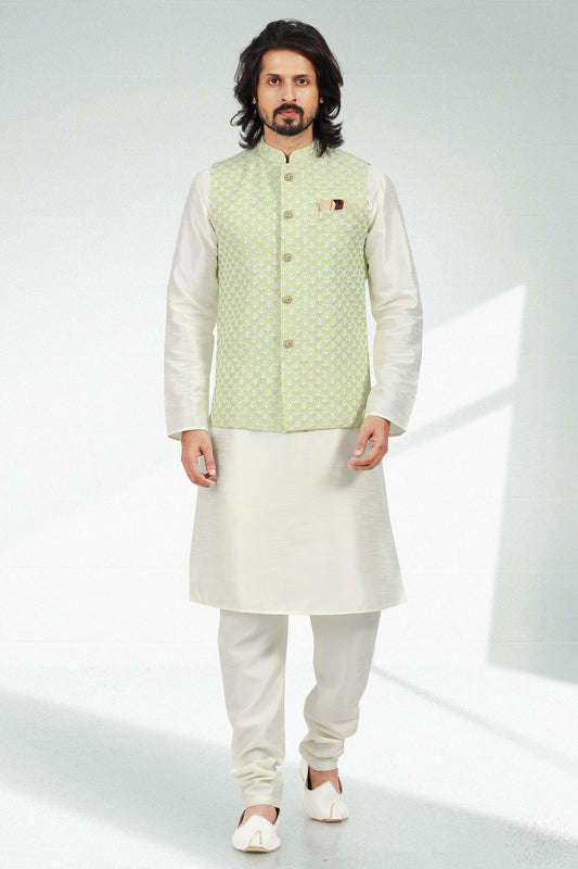 Pista Green Colour Art Silk Kurta Pajama With Jacket