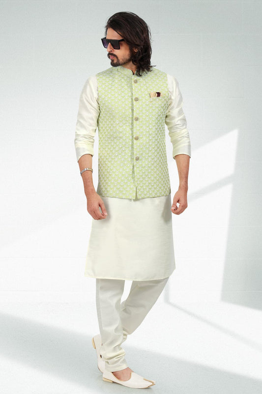 Pista Green Colour Art Silk Kurta Pajama With Jacket
