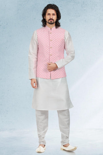 Pink Colour Art Silk Kurta Pajama With Jacket