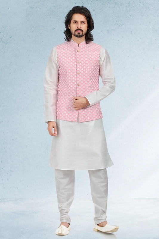 Pink Colour Art Silk Kurta Pajama With Jacket