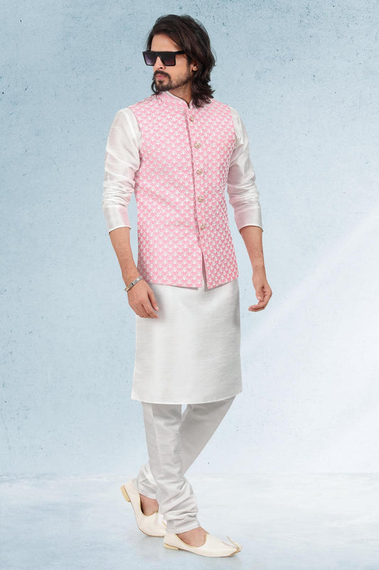 Pink Colour Art Silk Kurta Pajama With Jacket