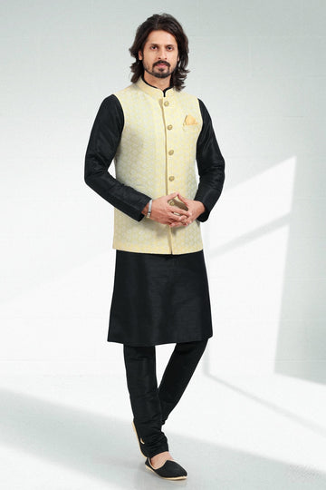 Yellow Colour Art Silk Kurta Pajama With Jacket