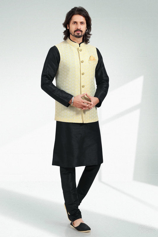 Yellow Colour Art Silk Kurta Pajama With Jacket