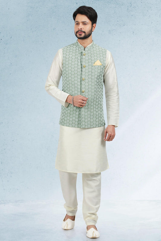Mehendi Green Colour Art Silk Kurta Pajama With Jacket