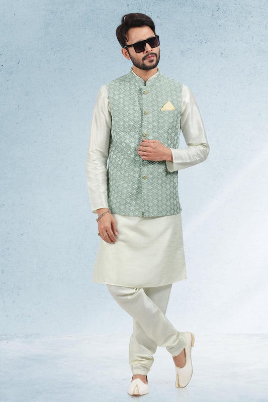 Mehendi Green Colour Art Silk Kurta Pajama With Jacket