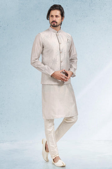 Grey Colour Art Silk Kurta Pajama With Jacket
