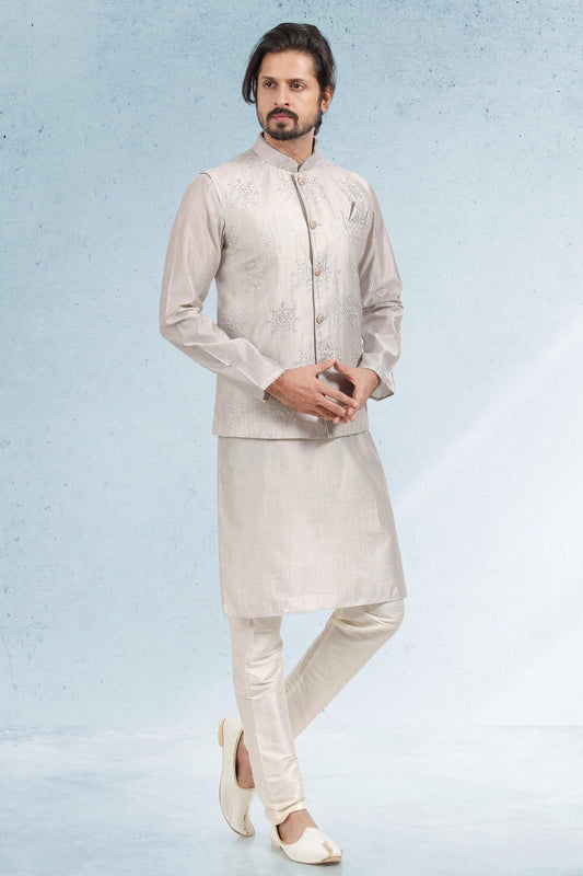 Grey Colour Art Silk Kurta Pajama With Jacket