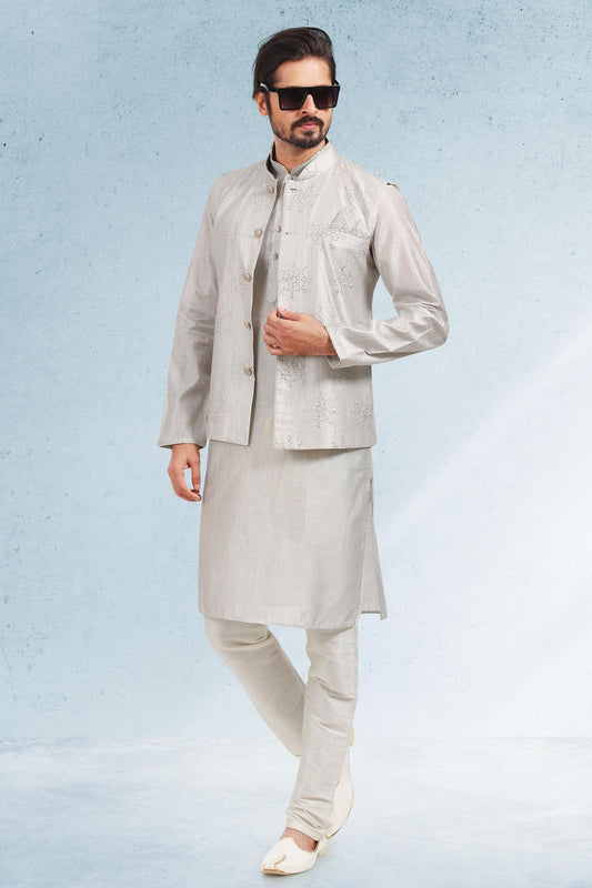 Grey Colour Art Silk Kurta Pajama With Jacket