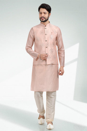 Light Peach Colour Art Silk Kurta Pajama With Jacket