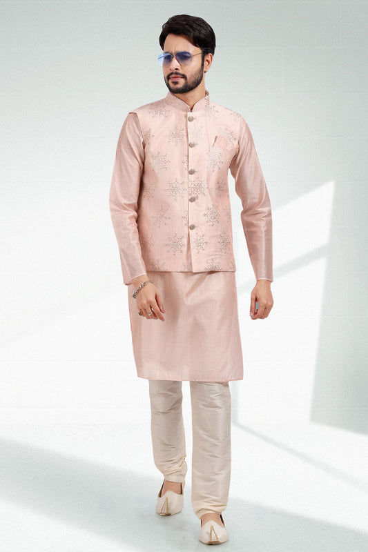 Light Peach Colour Art Silk Kurta Pajama With Jacket