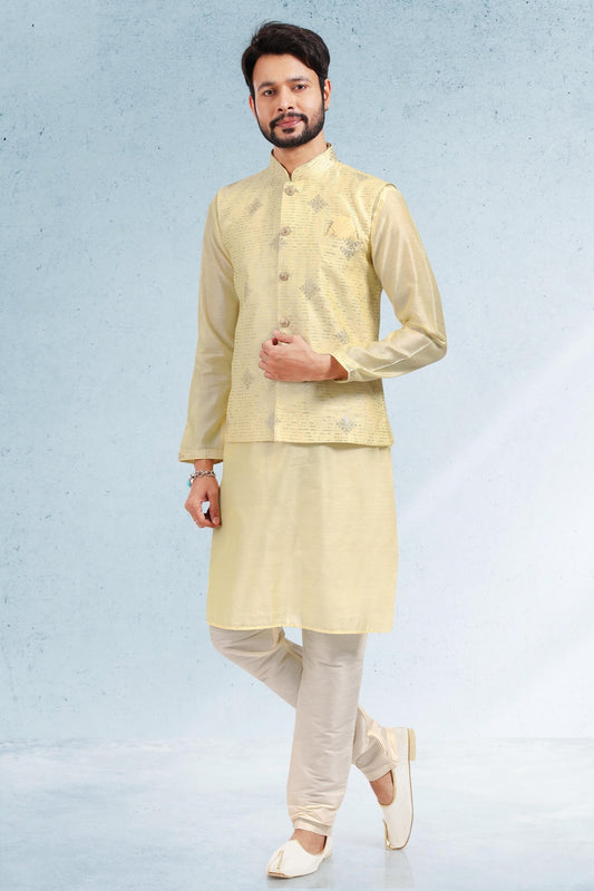 Yellow Colour Art Silk Kurta Pajama With Jacket