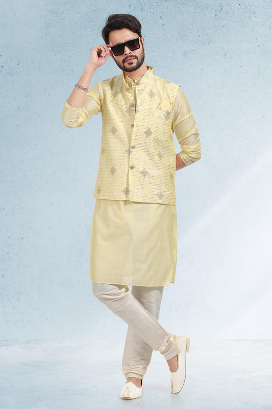 Yellow Colour Art Silk Kurta Pajama With Jacket