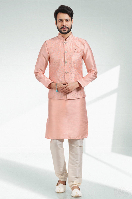 Peach Colour Art Silk Kurta Pajama With Jacket