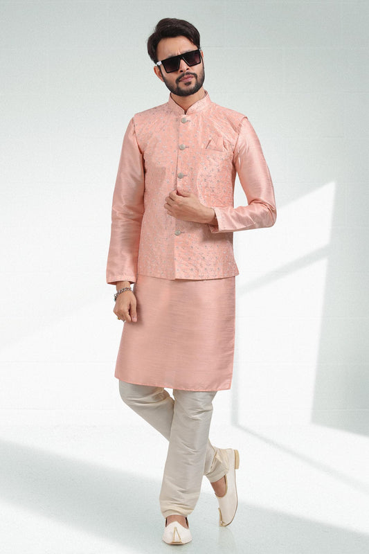 Peach Colour Art Silk Kurta Pajama With Jacket