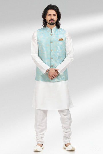 Blue Colour Jacquard Banarasi Silk Kurta Pajama With Jacket