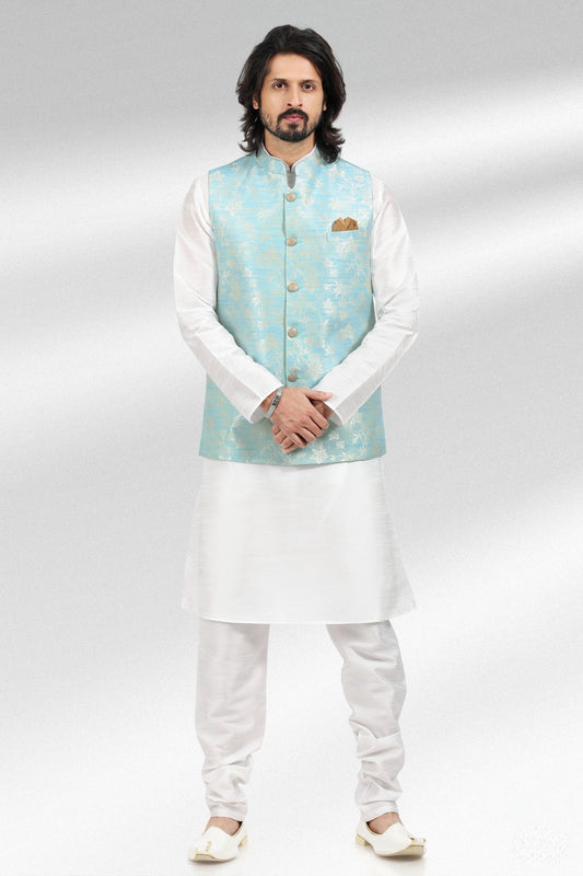 Blue Colour Jacquard Banarasi Silk Kurta Pajama With Jacket