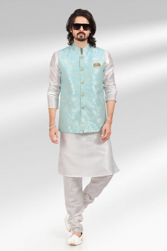 Blue Colour Jacquard Banarasi Silk Kurta Pajama With Jacket