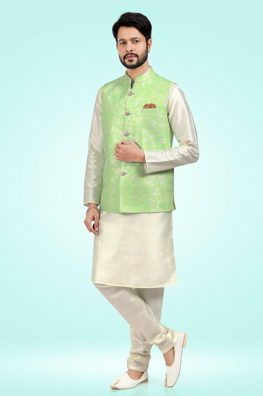 Pista Green Colour Jacquard Banarasi Silk Kurta Pajama With Jacket