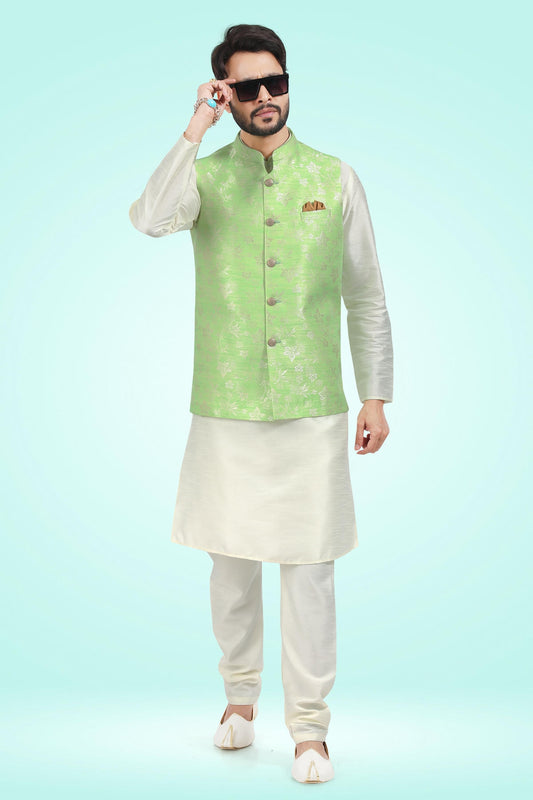 Pista Green Colour Jacquard Banarasi Silk Kurta Pajama With Jacket