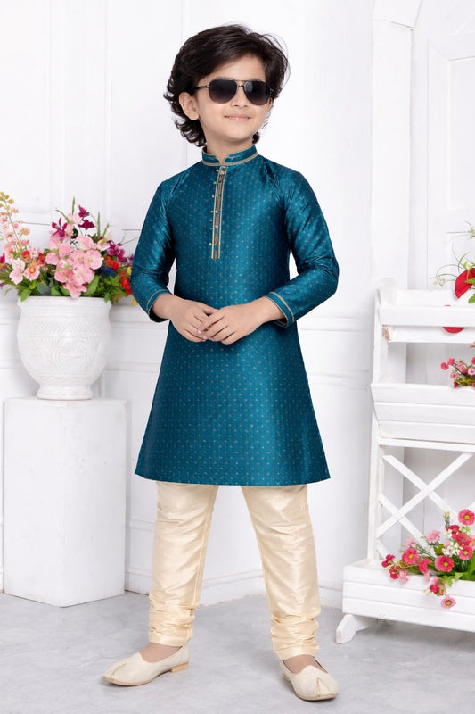 Jacquard Silk Brocade Pintux Work Kids Kurta Pajama In Teal Green Colour