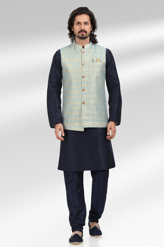 Blue Colour Jacquard Banarasi Silk Kurta Pajama With Jacket