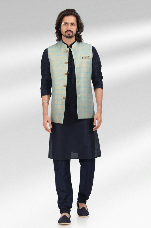 Blue Colour Jacquard Banarasi Silk Kurta Pajama With Jacket