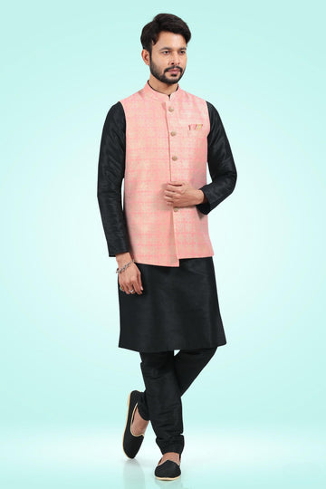 Pink Colour Jacquard Banarasi Silk Kurta Pajama With Jacket