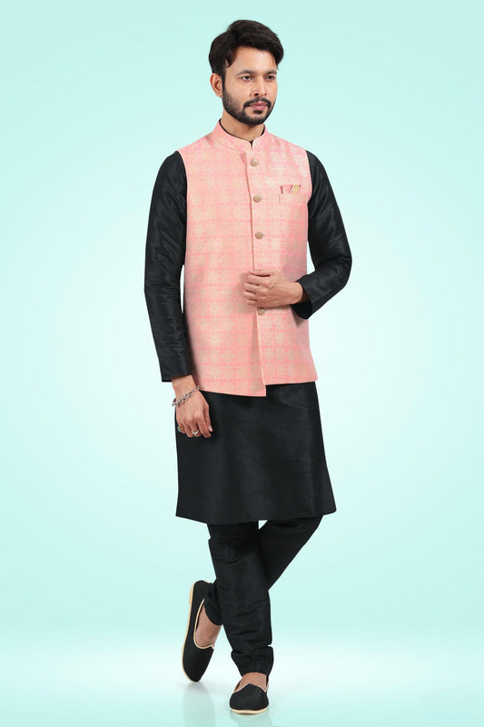 Pink Colour Jacquard Banarasi Silk Kurta Pajama With Jacket