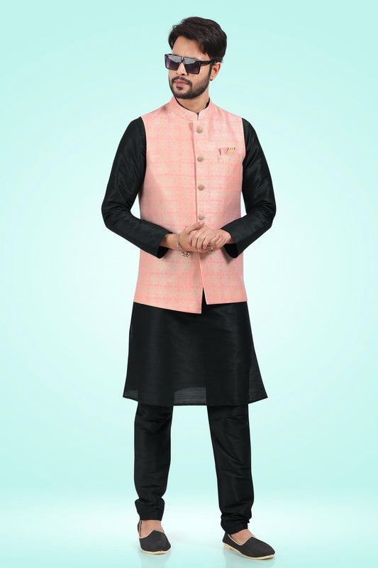 Pink Colour Jacquard Banarasi Silk Kurta Pajama With Jacket