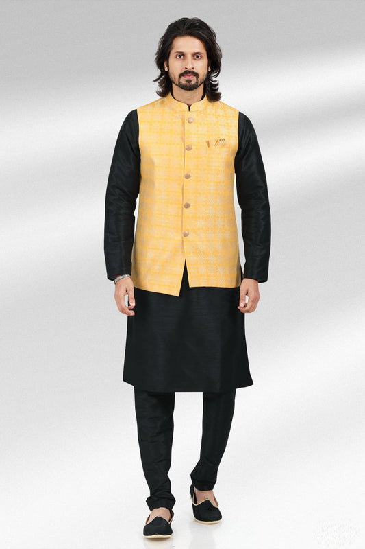 Yellow Colour Jacquard Banarasi Silk Kurta Pajama With Jacket