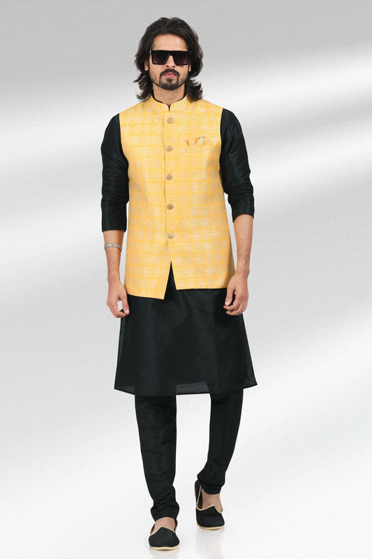 Yellow Colour Jacquard Banarasi Silk Kurta Pajama With Jacket