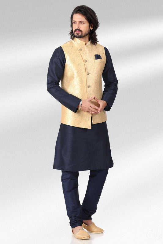 Gold Colour Jacquard Banarasi Silk Kurta Pajama With Jacket