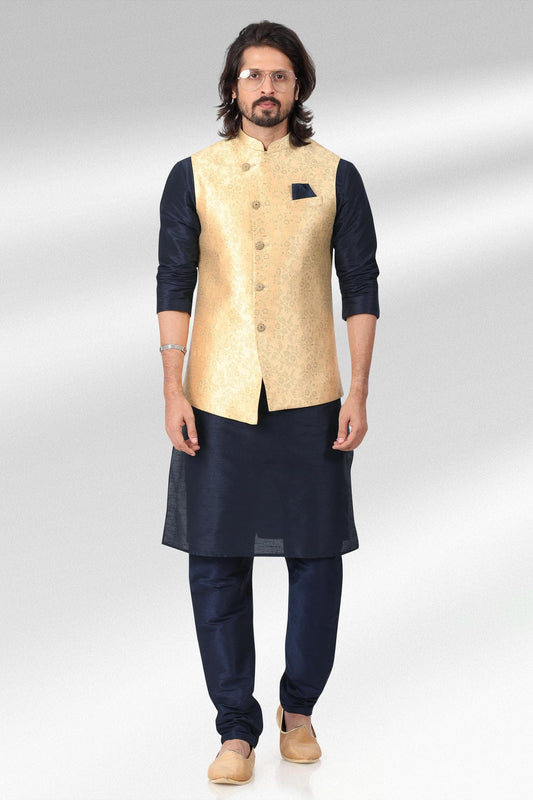 Gold Colour Jacquard Banarasi Silk Kurta Pajama With Jacket