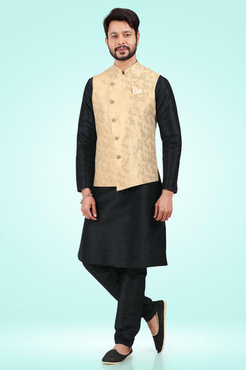 Gold Colour Jacquard Banarasi Silk Kurta Pajama With Jacket