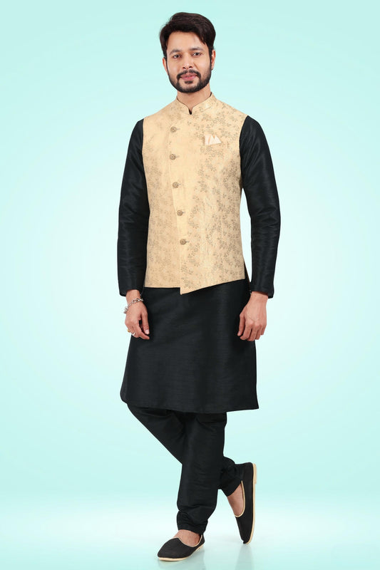 Gold Colour Jacquard Banarasi Silk Kurta Pajama With Jacket