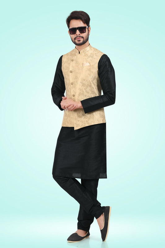 Gold Colour Jacquard Banarasi Silk Kurta Pajama With Jacket