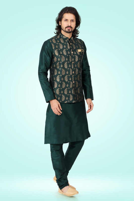 Green Colour Jacquard Banarasi Silk Kurta Pajama With Jacket