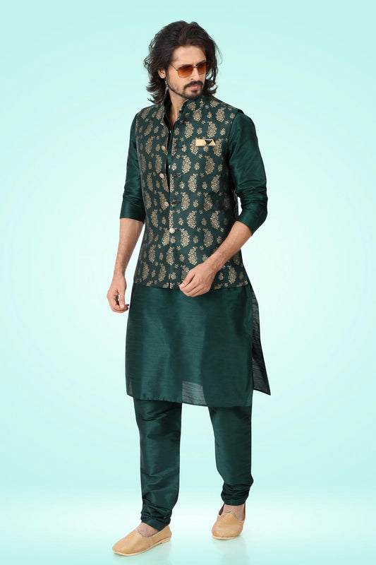 Green Colour Jacquard Banarasi Silk Kurta Pajama With Jacket