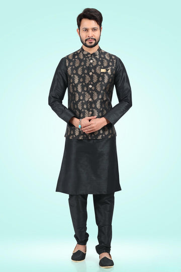 Black Colour Jacquard Banarasi Silk Kurta Pajama With Jacket