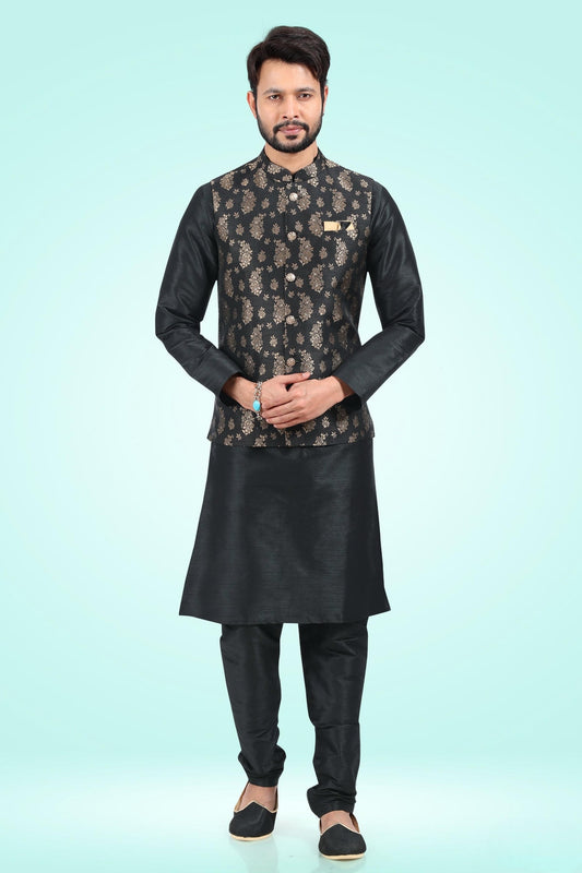 Black Colour Jacquard Banarasi Silk Kurta Pajama With Jacket