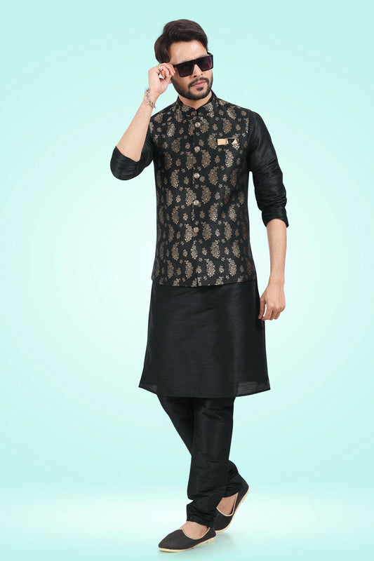 Black Colour Jacquard Banarasi Silk Kurta Pajama With Jacket
