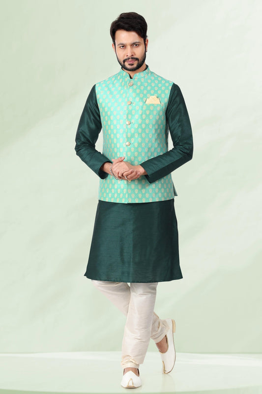 Pista Green Colour Jacquard Banarasi Silk Kurta Pajama With Jacket