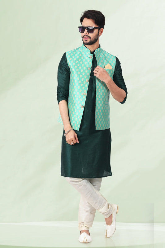 Pista Green Colour Jacquard Banarasi Silk Kurta Pajama With Jacket